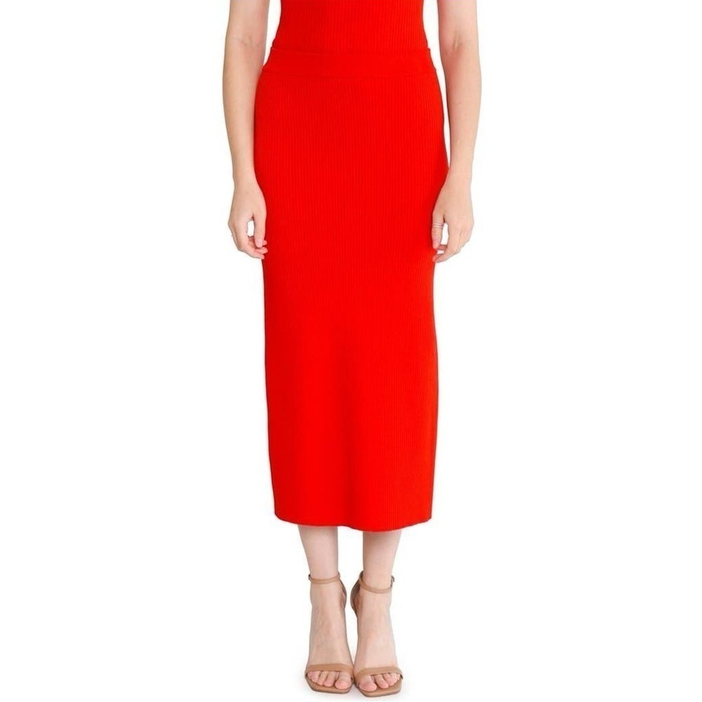 WAYF Elody Rib Knit Midi Skirt in Red
